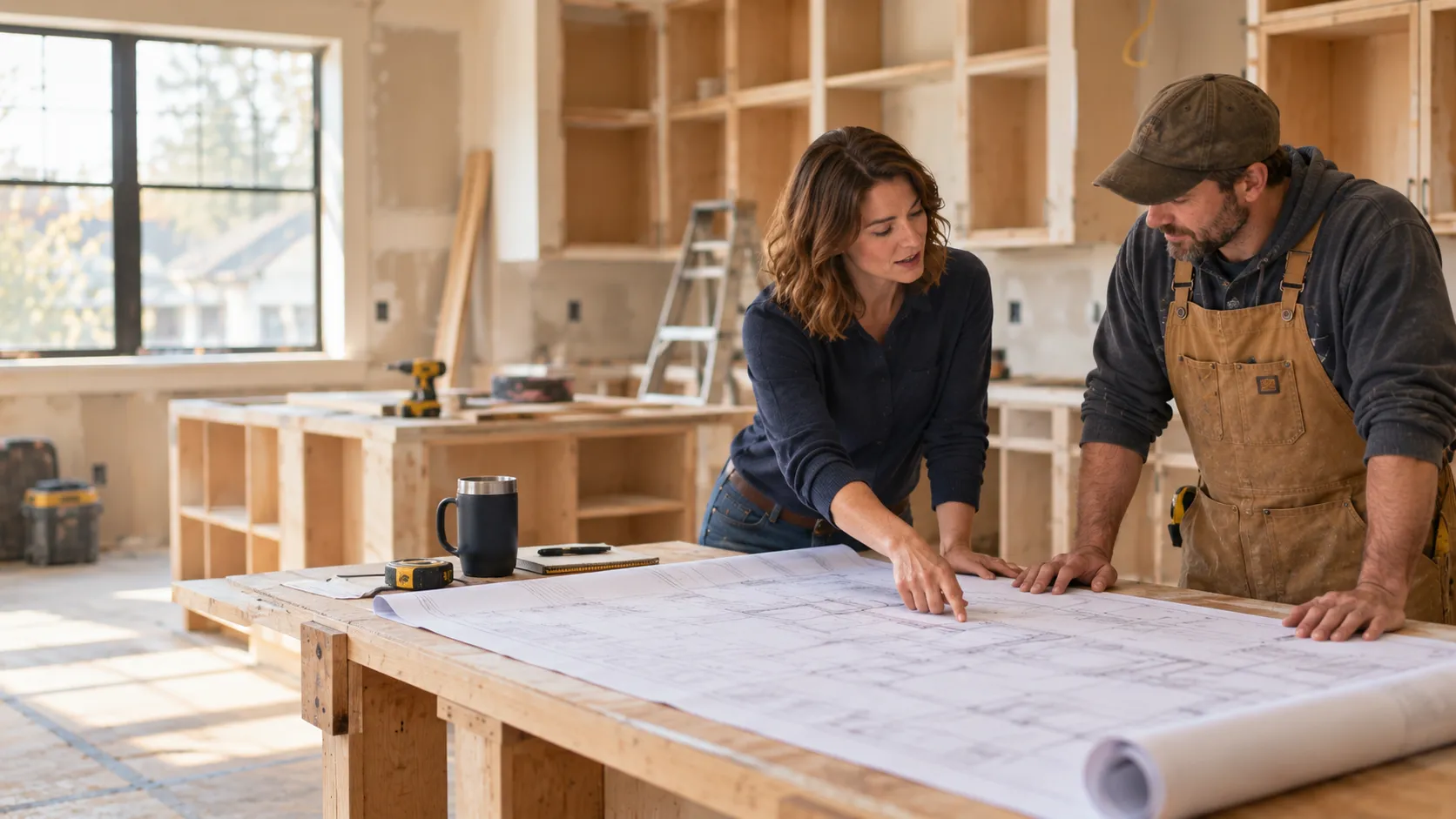 TrueKey coordinator and a contractor reviewing renovation blueprints at a workbench